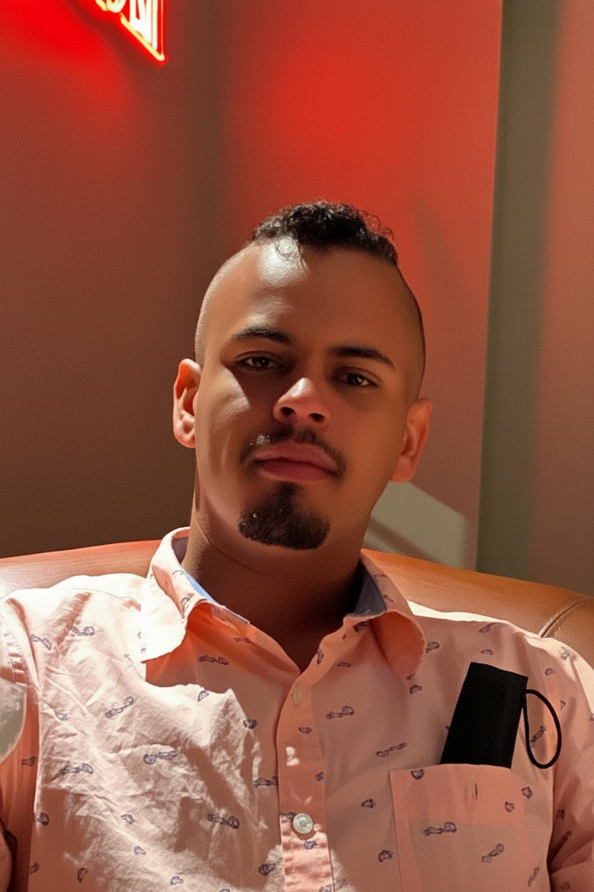 A man wearing a light pink patterned button-up shirt and dark jeans sits in a brown leather armchair inside a dimly lit bar or lounge, holding a cocktail glass. Red ambient lighting casts a strong red glow on the background walls and ceiling.