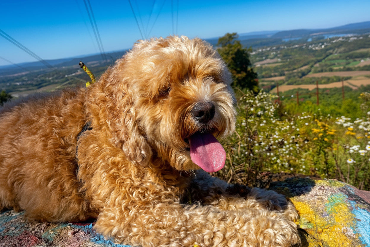 A golden doodle dog lying on a colorful blanket in an outdoor setting with a scenic hillside landscape in the background.