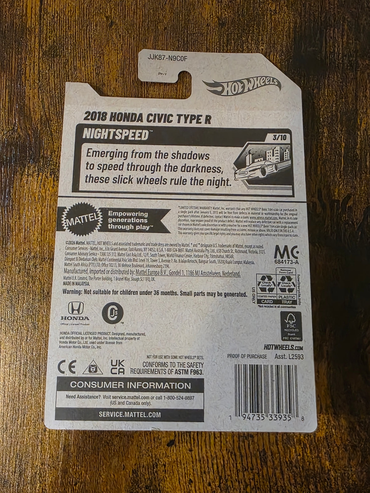 HOT WHEELS 2018 HONDA CIVIC TYPE R