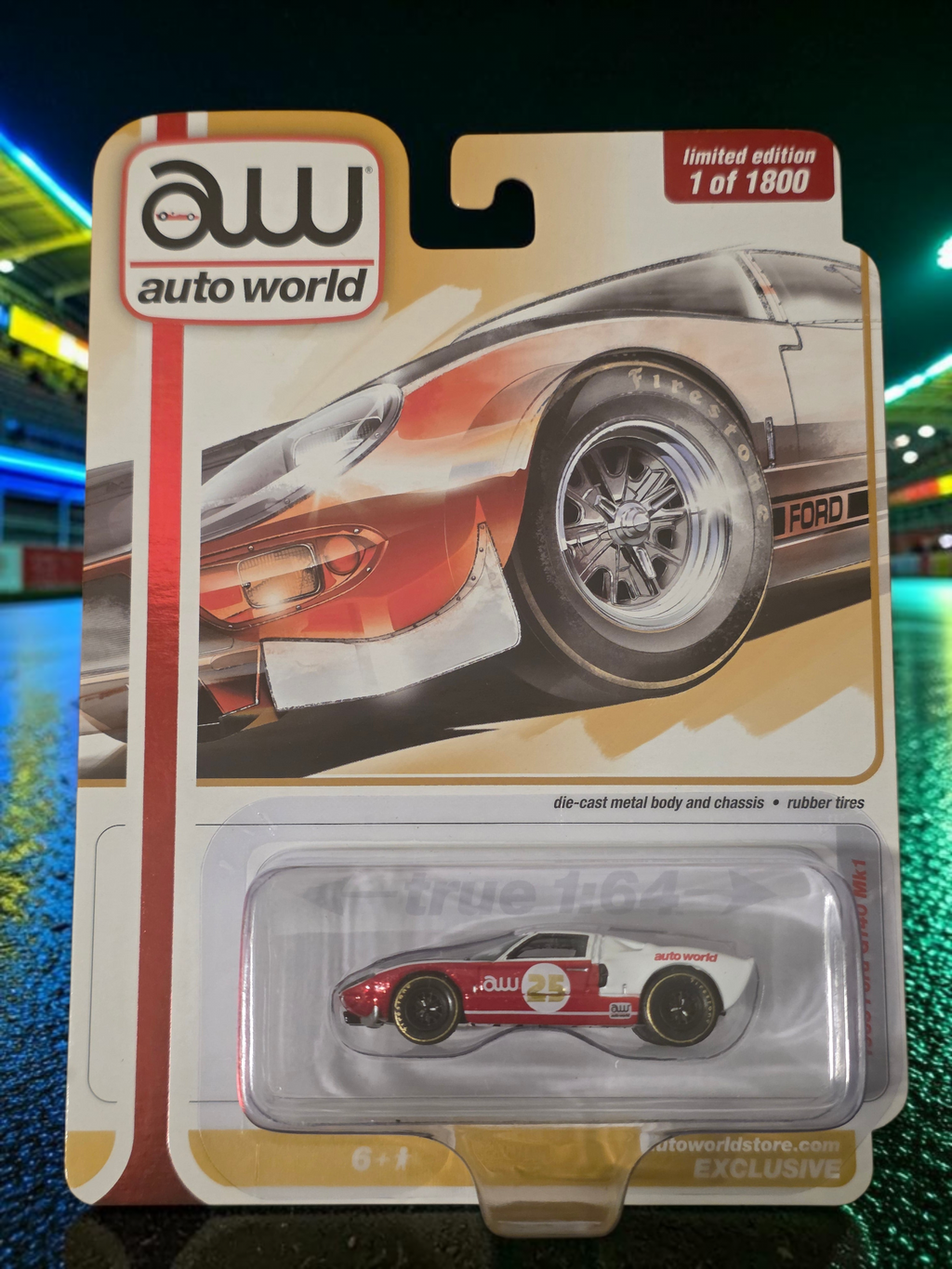 Winters & Johnson Diecast 1:64 scale 1965 Ford GT40 Mk1 die-cast model car in red and white on blister card packaging.