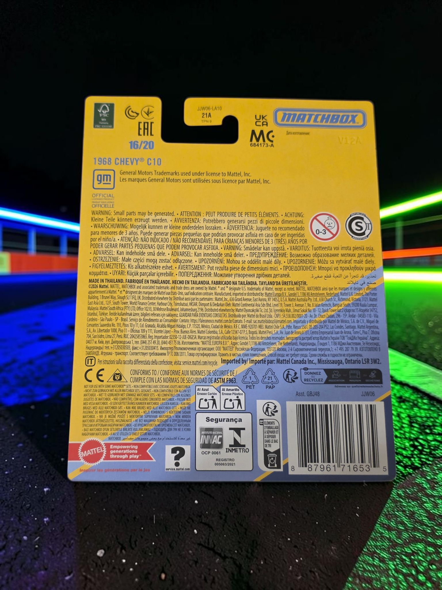 Winters & Johnson Diecast Matchbox Collectors 1968 Chevy C10 packaging back view with product details and safety info