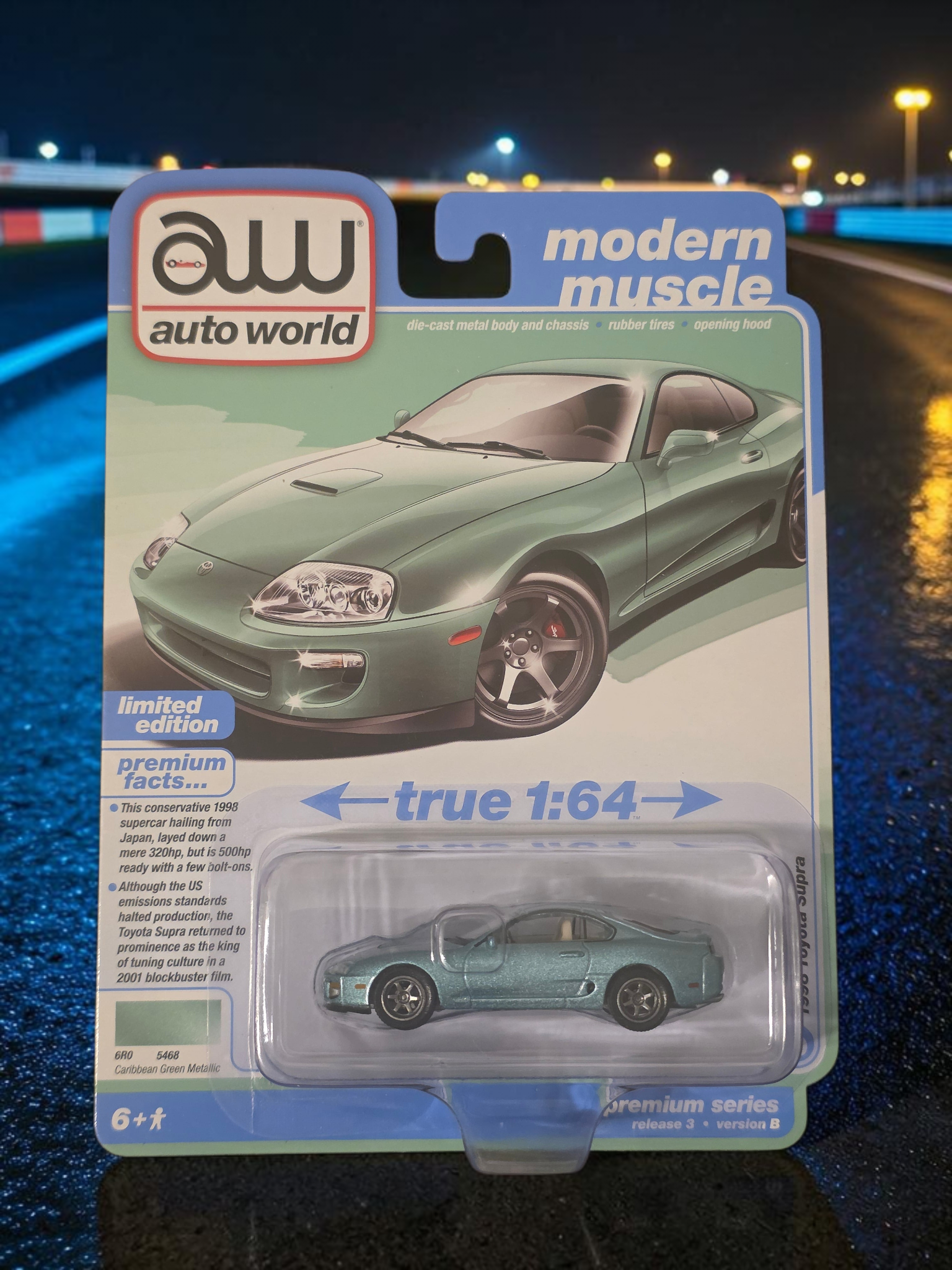 Winters & Johnson Diecast 1:64 scale 1998 Toyota Supra in Caribbean Green Metallic with rubber tires and opening hood
