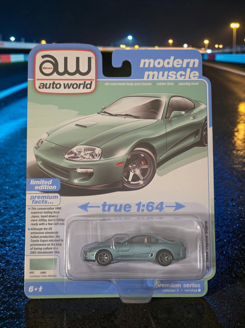 Winters & Johnson Diecast 1:64 scale 1998 Toyota Supra in Caribbean Green Metallic with rubber tires and opening hood