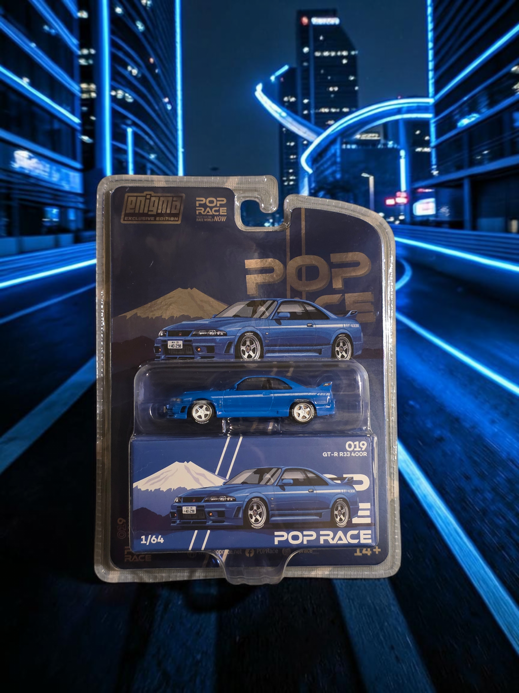 Winters & Johnson Diecast POP RACE 1/64 scale blue Nissan GT-R R33 400R Enigma Exclusive Edition model car in packaging