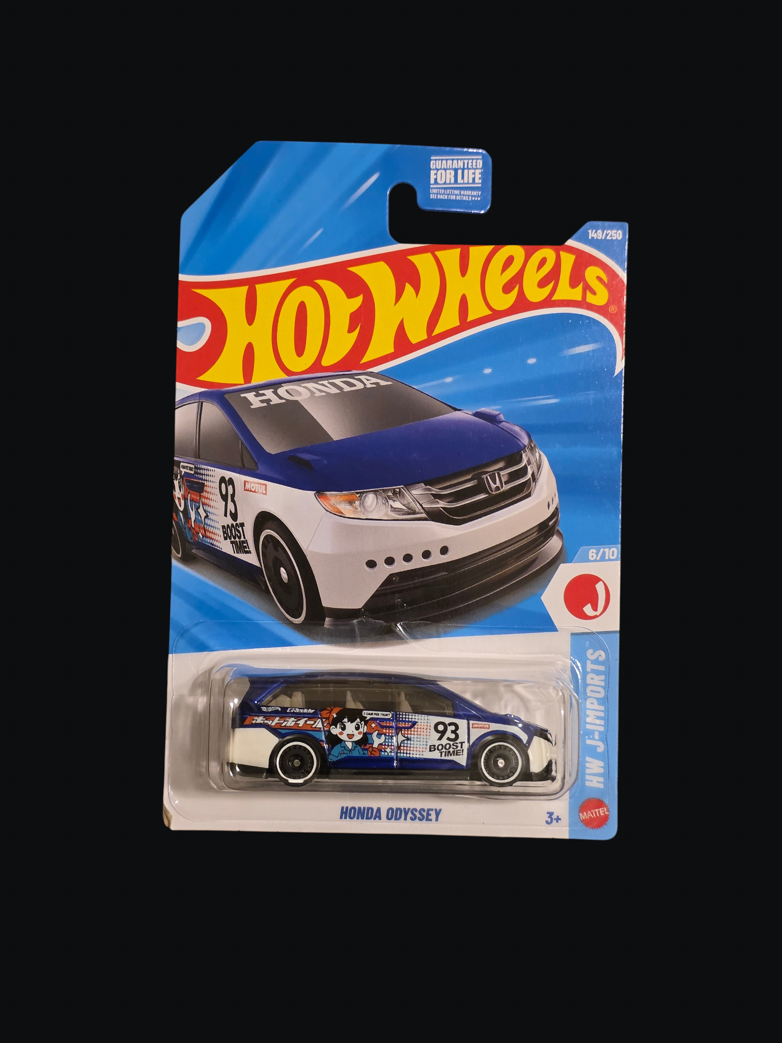 Winters & Johnson Diecast Hot Wheels Honda Odyssey diecast car in blue and white with racing decals in blister pack