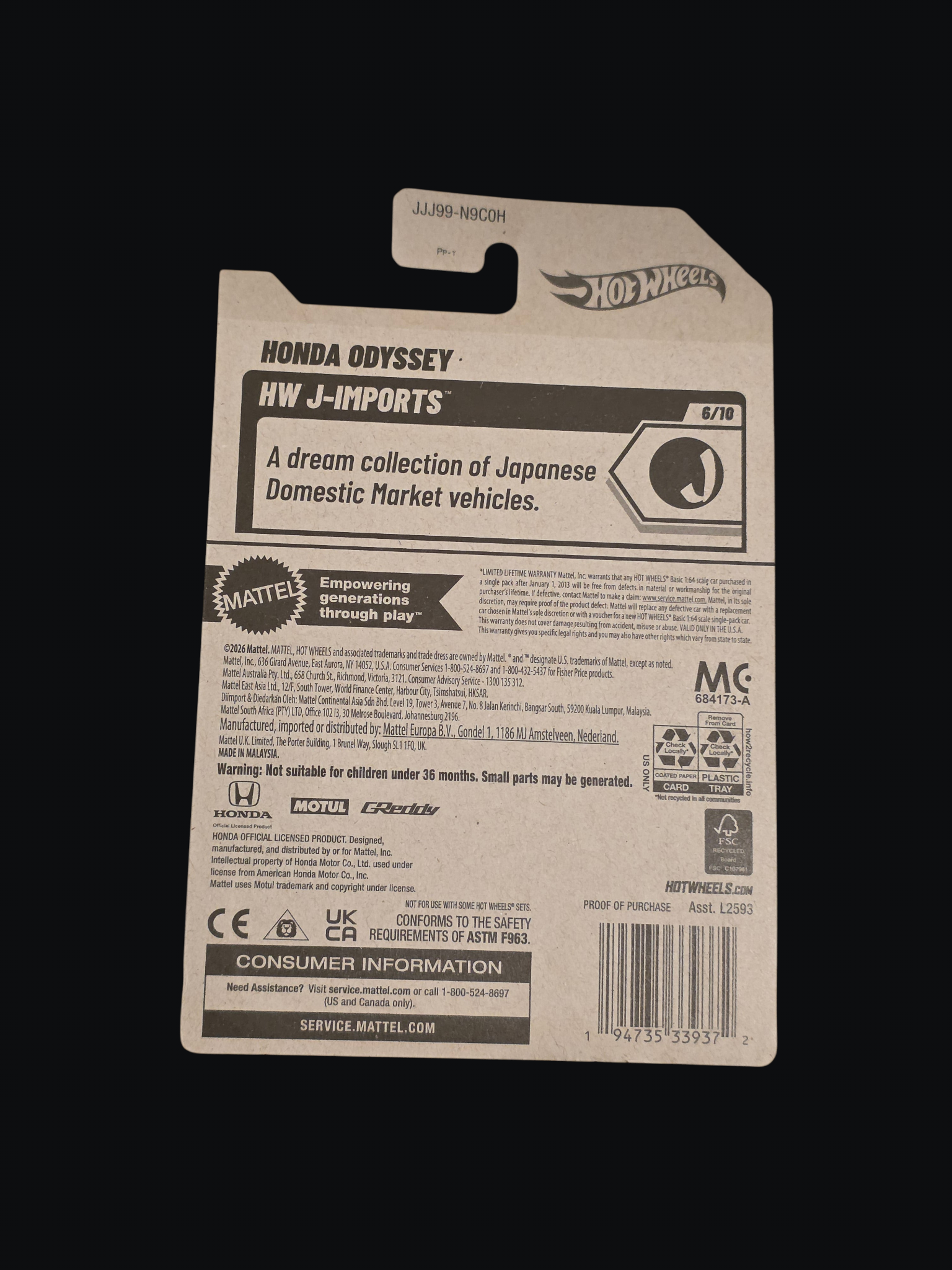 Winters & Johnson Diecast Hot Wheels Honda Odyssey J-Imports packaging back view showing product details
