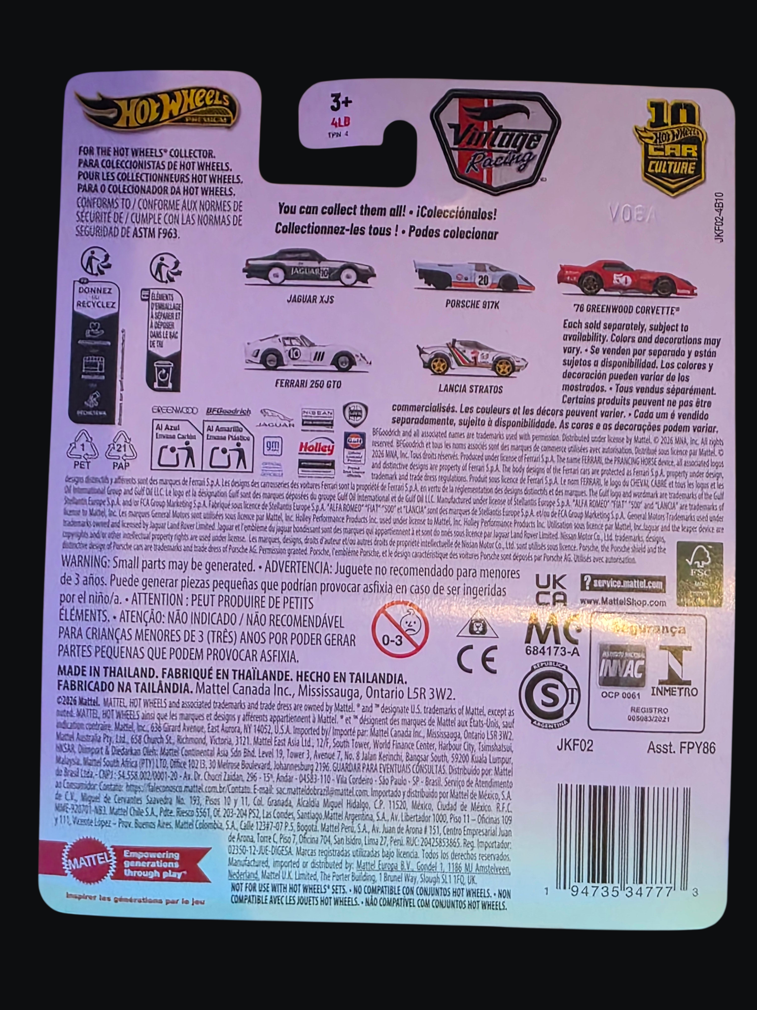 Winters & Johnson Diecast Hot Wheels Jaguar XJS packaging back showing Vintage Racing series car collection details