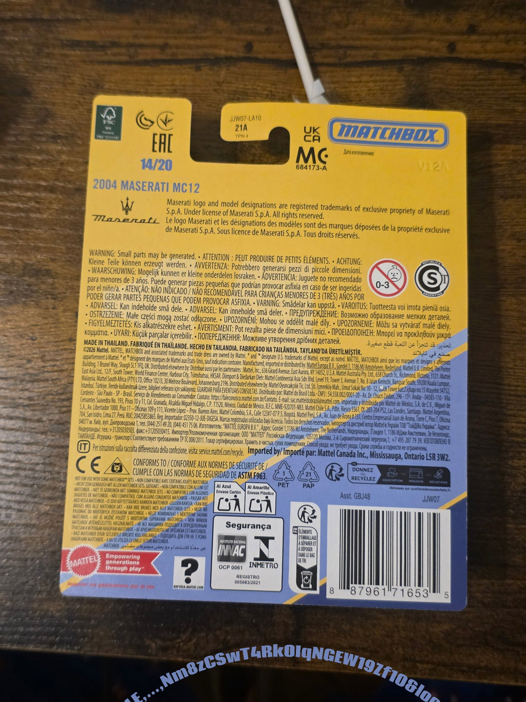 Winters & Johnson Diecast Matchbox Collectors 2004 Maserati MC12 packaging back view with product details