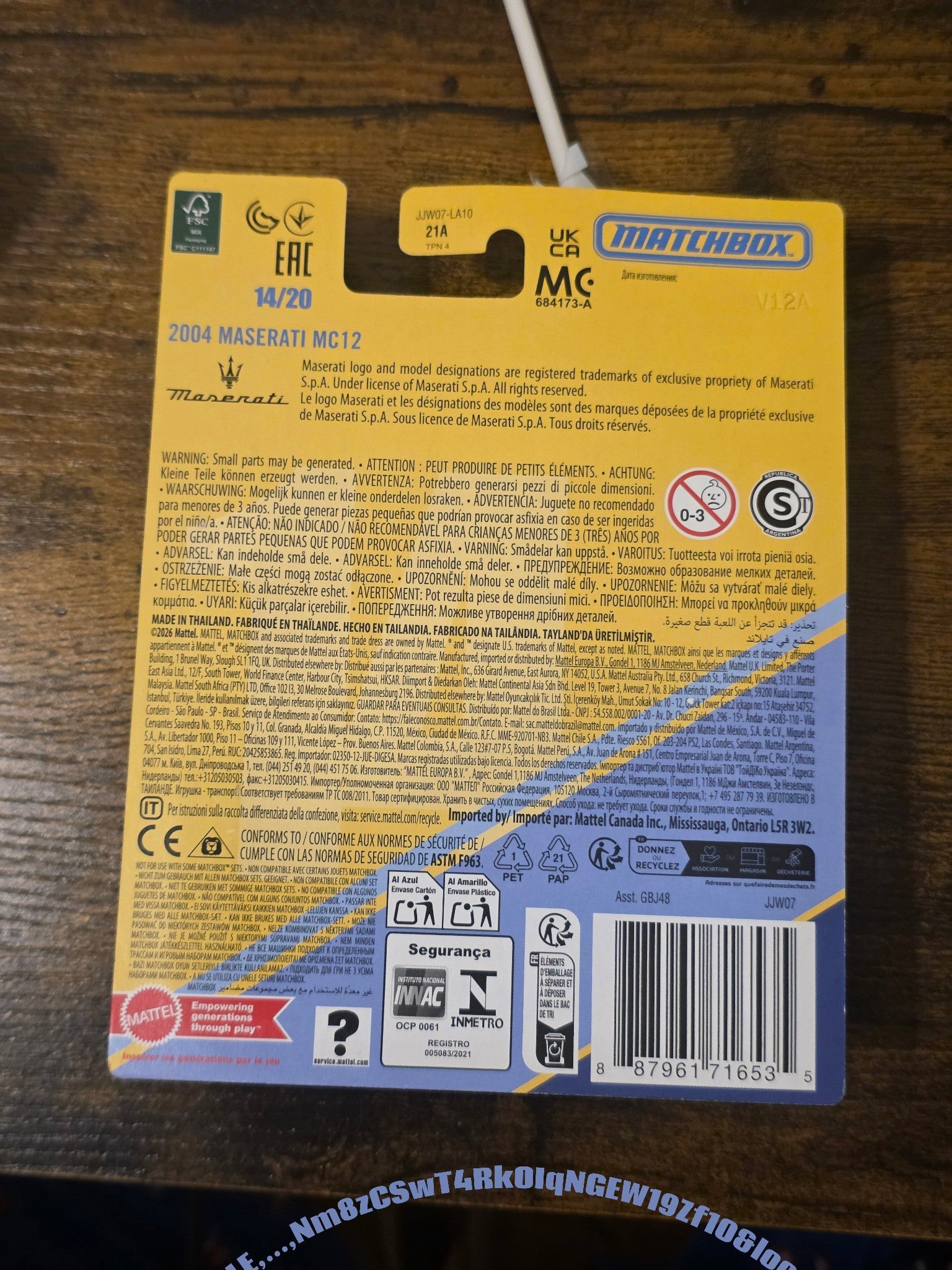 Winters & Johnson Diecast Matchbox Collectors 2004 Maserati MC12 packaging back view with product details