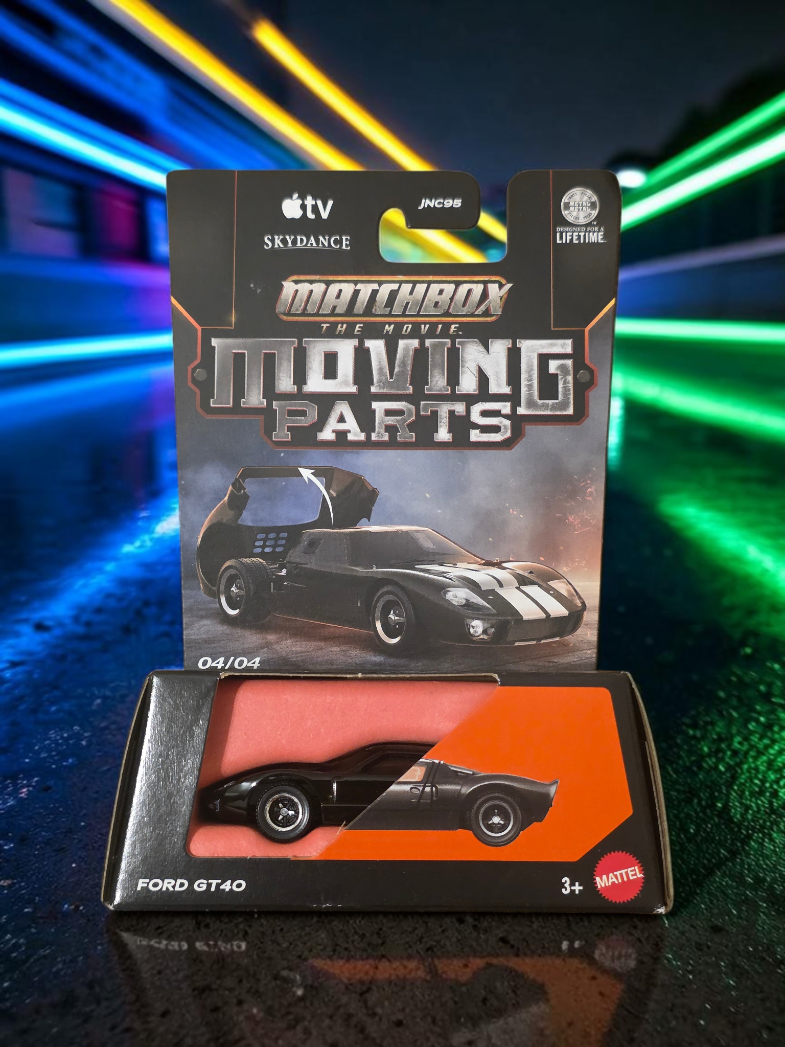 Winters & Johnson Diecast Matchbox Moving Parts Ford GT40 1:64 scale diecast car in black packaging with opening bonnet