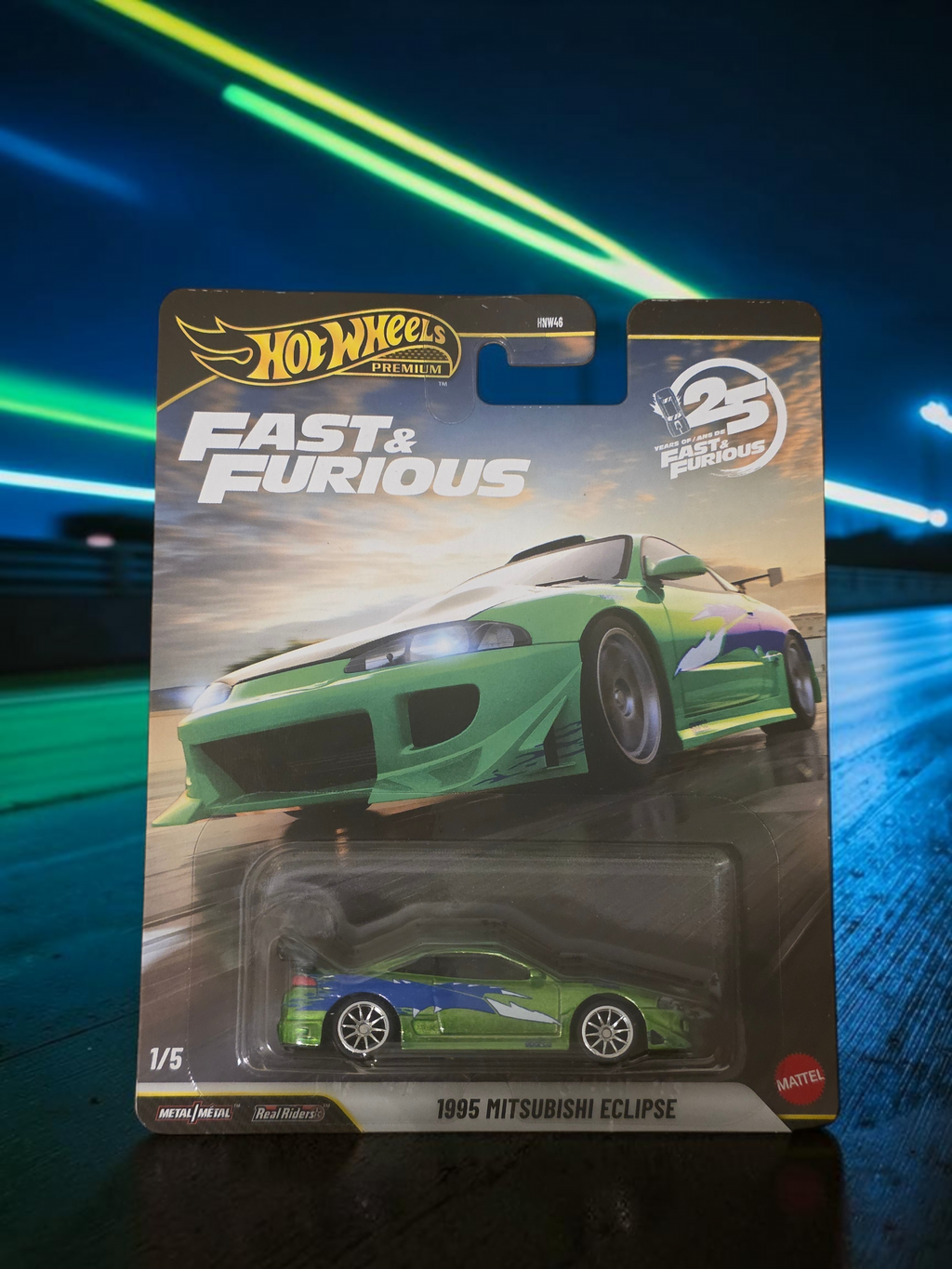 Winters & Johnson Diecast Hot Wheels Premium 1995 Mitsubishi Eclipse Fast & Furious chase car in blister packaging