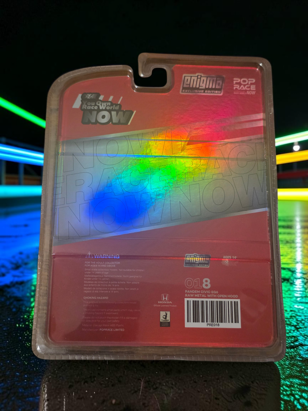 Winters & Johnson Diecast POP RACE Pandem Civic EG6 Chase edition in holographic packaging with exposed engine bay detail