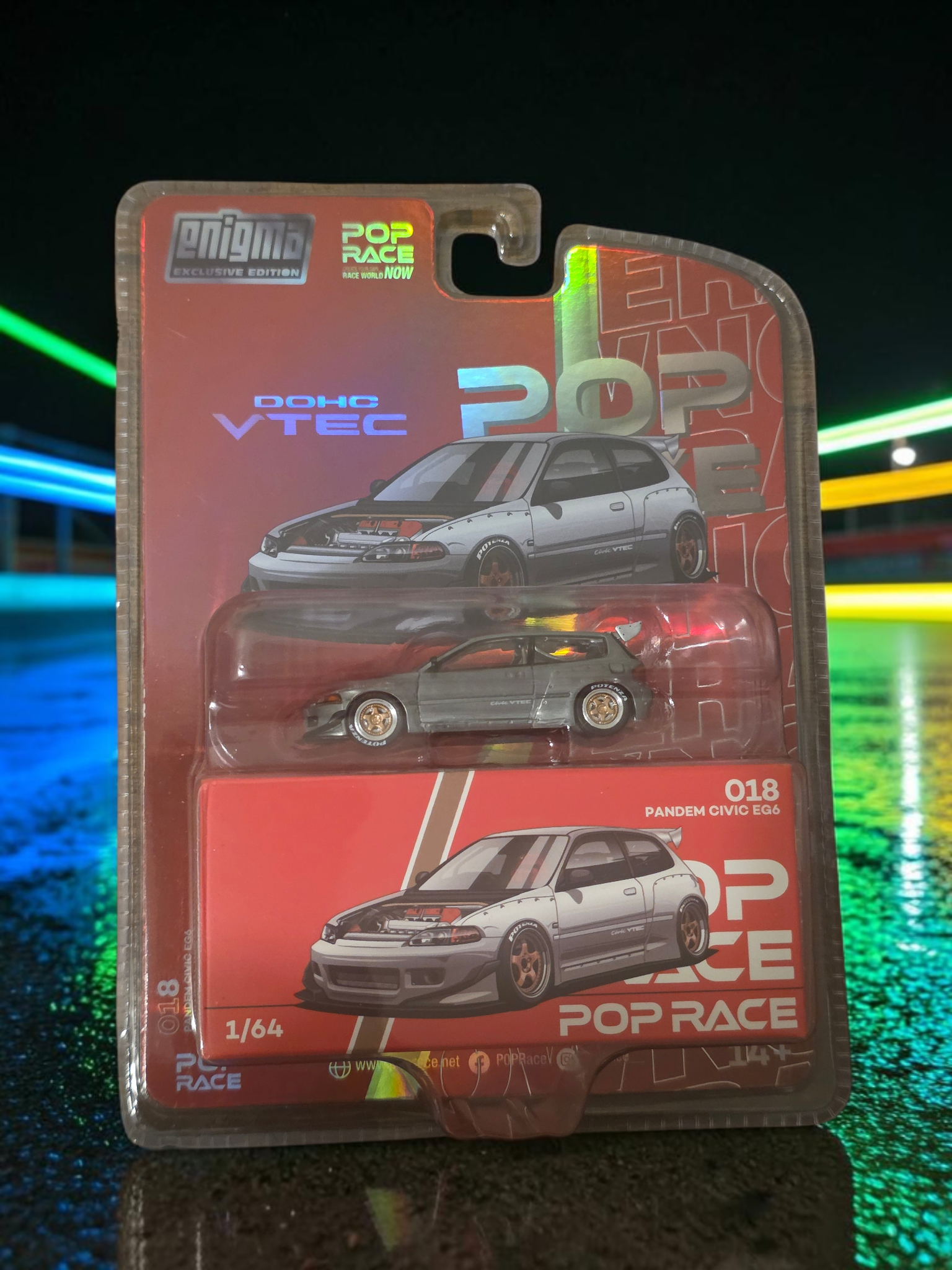 Winters & Johnson Diecast 1/64 scale Pop Race Pandem Civic EG6 chase edition with exposed engine bay and rubber tires.